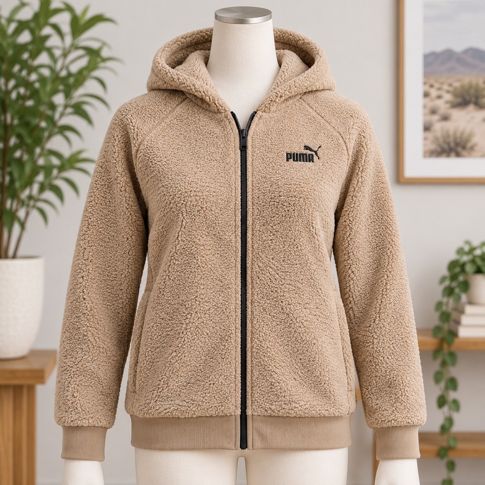 Puma Sherpa Fleece Full Zip Hoodie Boys Large 14-16 Tan Brown Logo Jacket